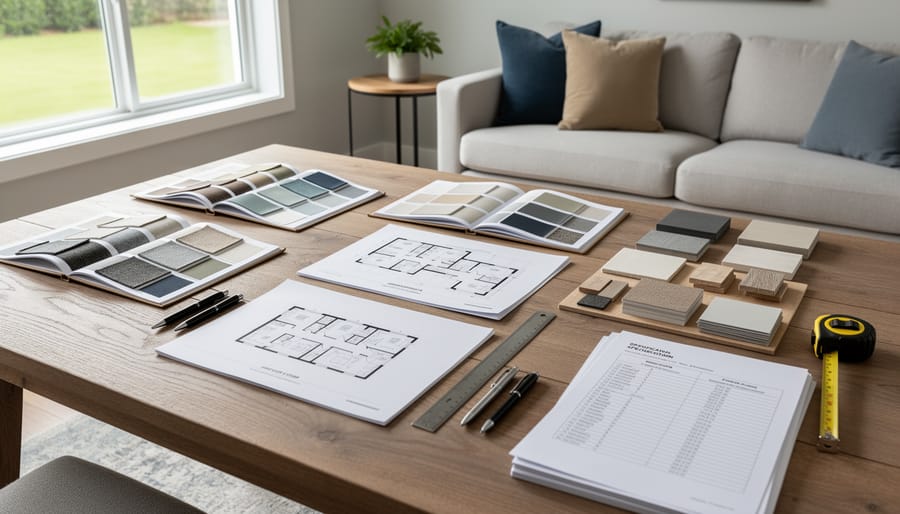 Printed interior design materials and fabric swatches arranged on a coffee table in a bright living room