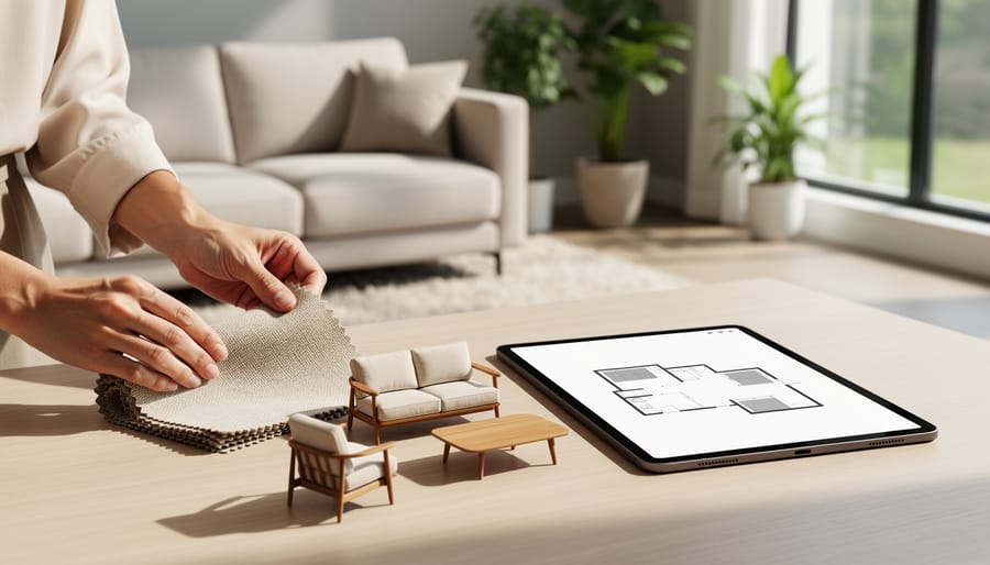 Hands arranging fabric swatches and small furniture models on a table next to a tablet while imagining an online interior design plan for a modern living room.
