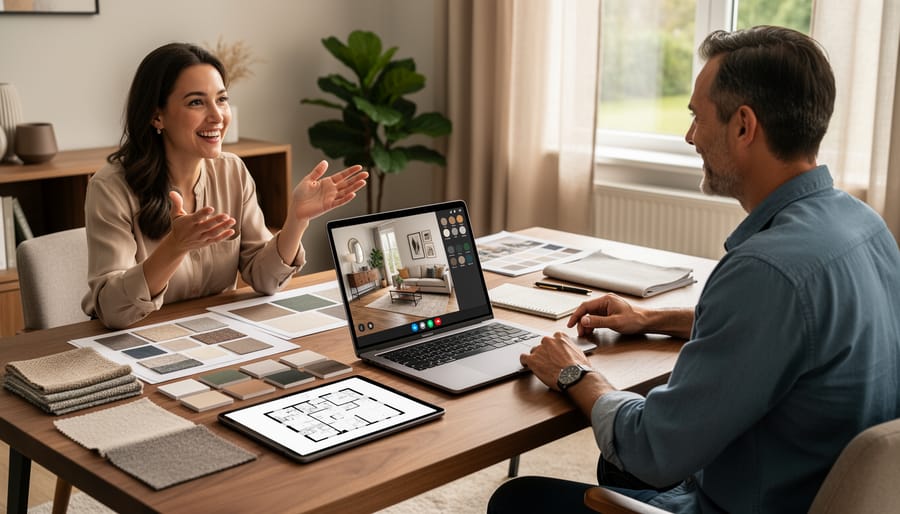Homeowner and interior designer reviewing interior ideas together at a dining table with paint swatches and a laptop mood board