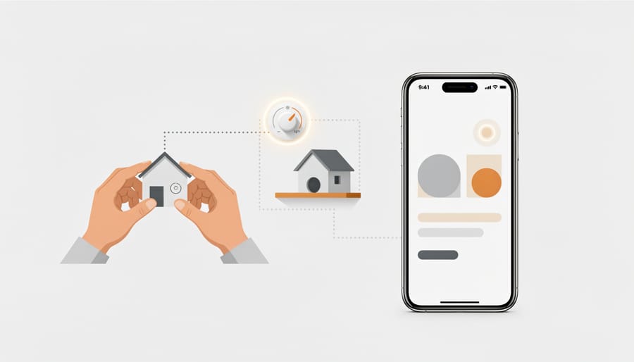 Close-up of a smartphone during a design call with a person’s hands adjusting decor in the background